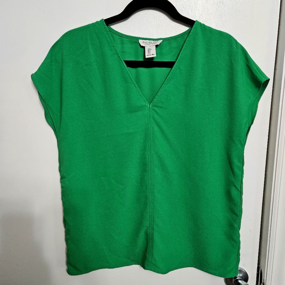Rachel Zoe Small Green V-Neck Blouse Lightweight Long Sleeve Career Top